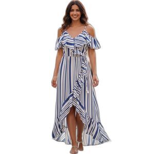 Blue White Off The Shoulders Ruffles Striped Maxi Sun Dress Size XL Womens